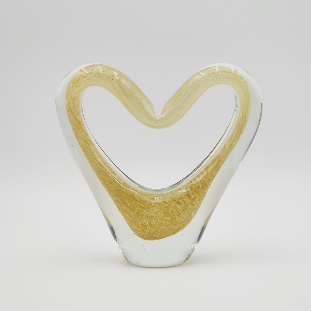 Hand Blown Glass Heart Sweetheart Sculpture Gold Swirl Unity in Glass Keepsake